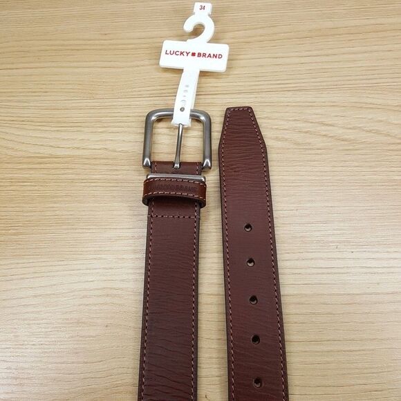 LUCKY BRAND Belt Mens Size 34 Brown Leather Logo Silver Buckle - Picture 1 of 4